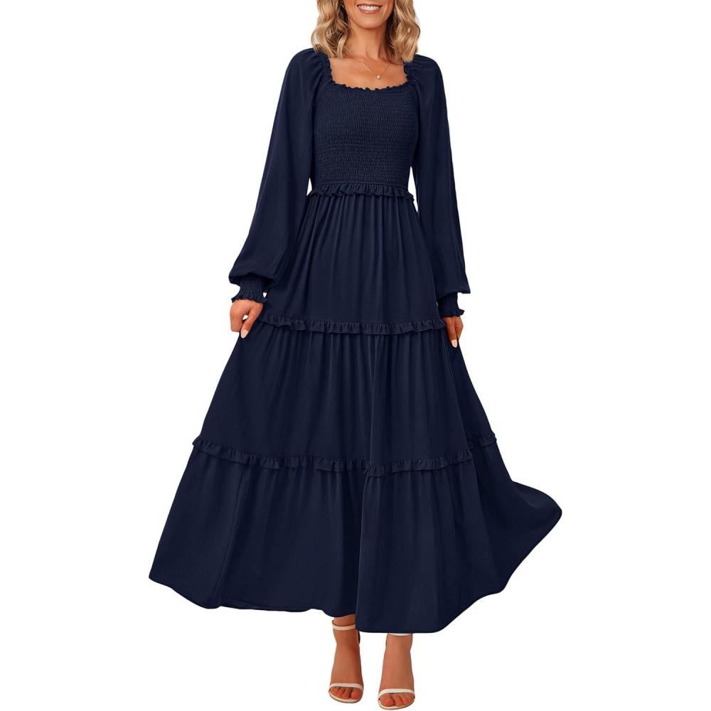 imagePRETTYGARDEN Fall Wedding Guest Dresses for Women 2025 Long Sleeve Square Neck Tiered A Line Modest Elegant Flowy DressesNavy