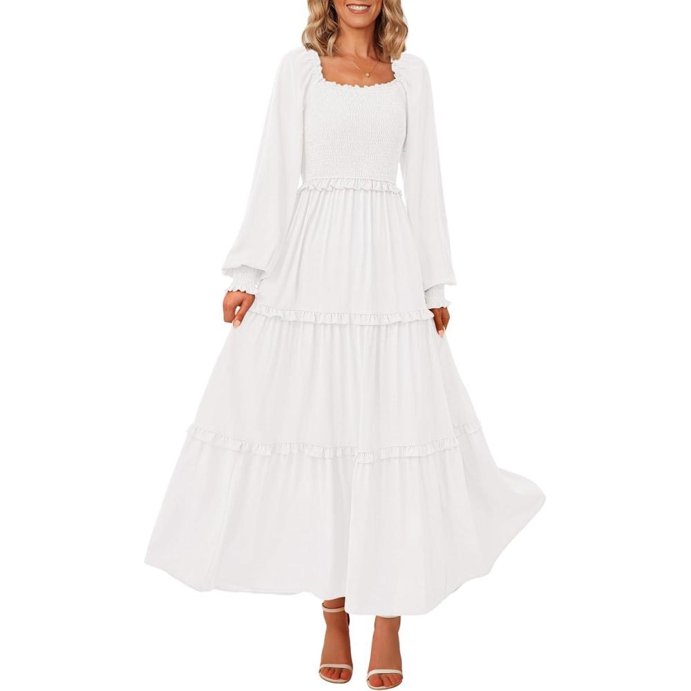 imagePRETTYGARDEN Fall Wedding Guest Dresses for Women 2025 Long Sleeve Square Neck Tiered A Line Modest Elegant Flowy DressesWhite