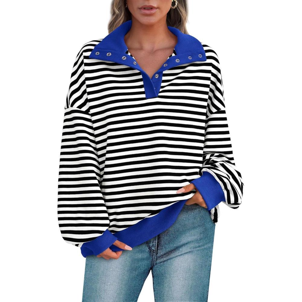 imagePRETTYGARDEN Womens Oversized Striped Sweatshirts Spring Fall Trendy Casual Long Sleeve Button Up Tops Shirt Preppy ClothesStriped Black White