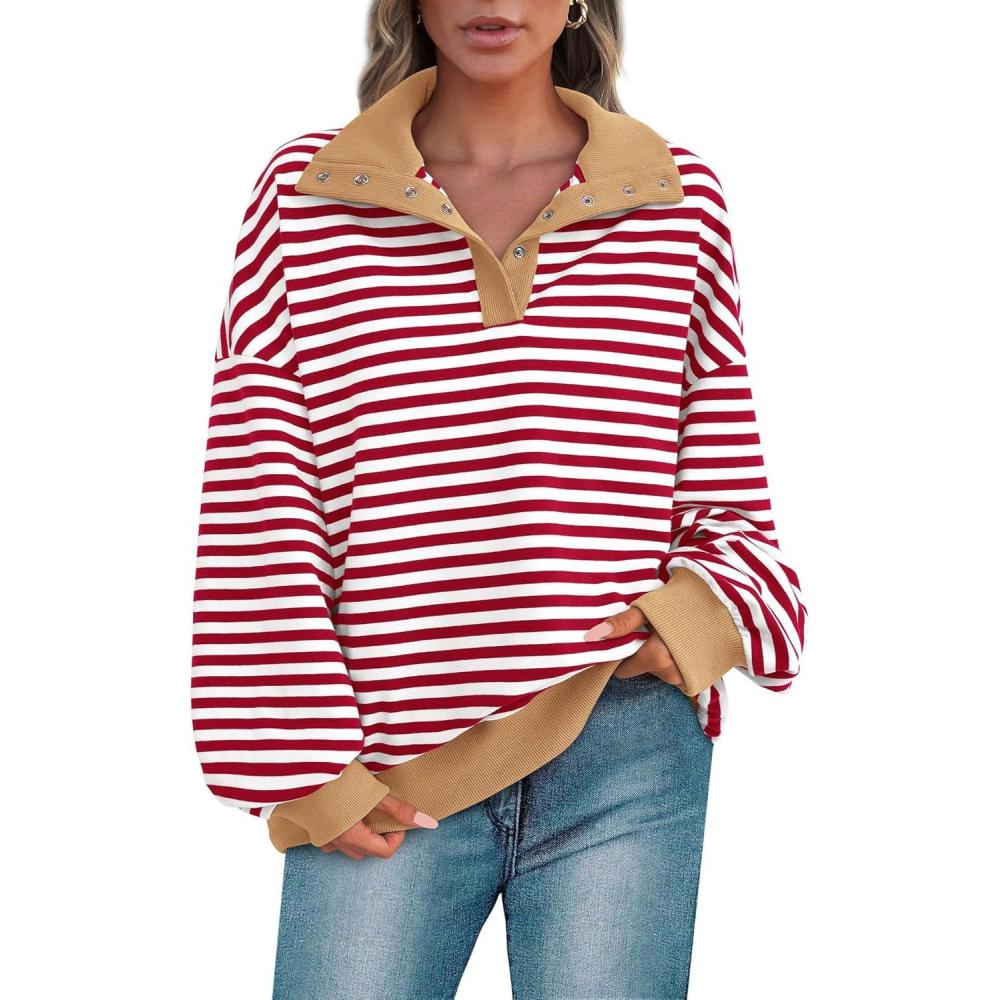 imagePRETTYGARDEN Womens Oversized Striped Sweatshirts Spring Fall Trendy Casual Long Sleeve Button Up Tops Shirt Preppy ClothesStriped Red White
