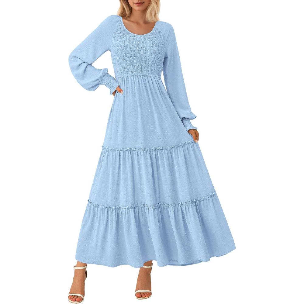 imagePRETTYGARDEN Womens Smocked Maxi Dress 2025 Fall Casual Long Sleeve Swiss Dot Ruffle Long Flowy Wedding Guest DressesLight Blue
