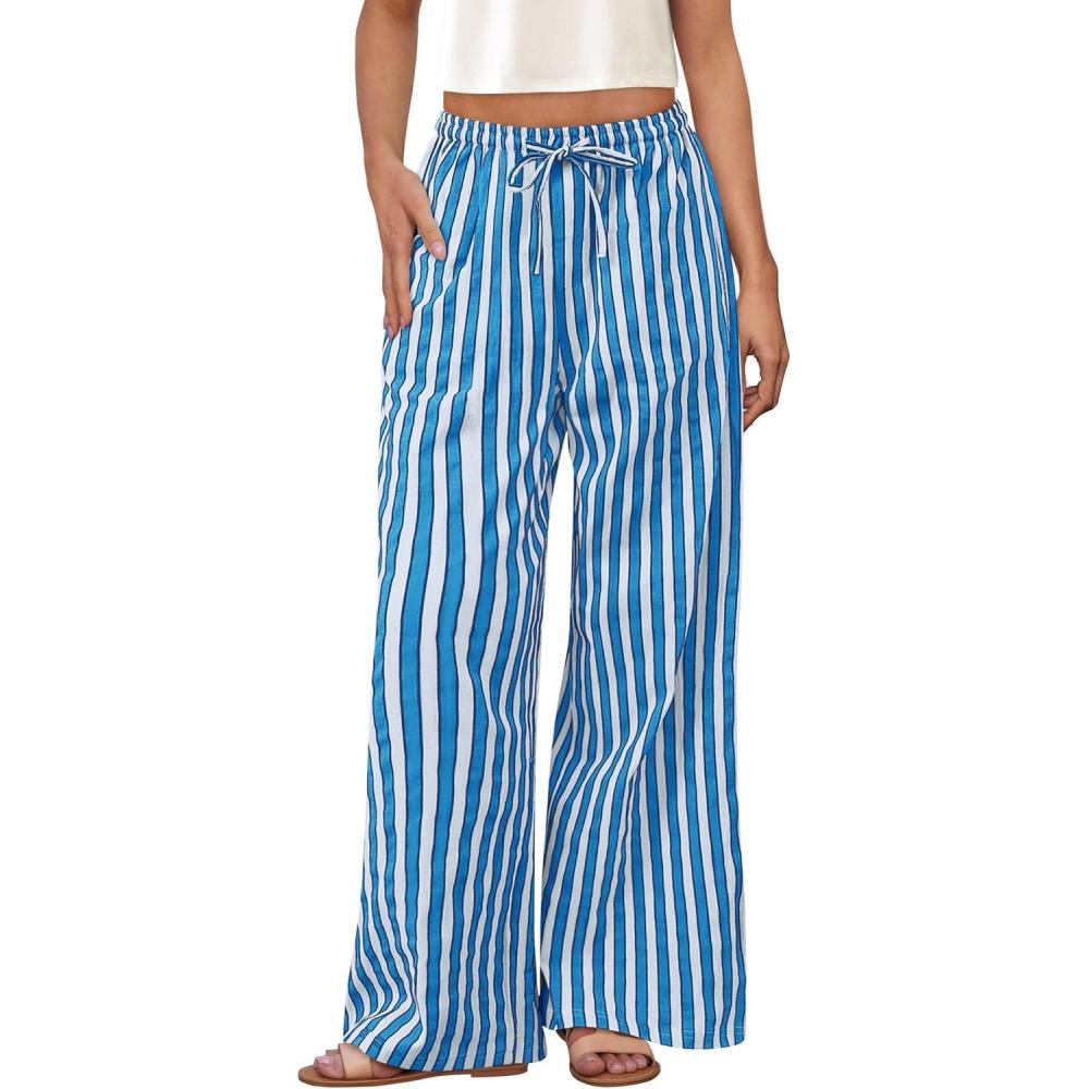 imagePRETTYGARDEN Womens Wide Leg Lounge Pants Spring Summer Drawstring Elastic Waist Comfy Striped Pajama Bottoms Trendy ClothesStriped Grey Blue