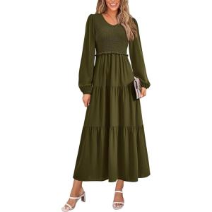 PRETTYGARDEN Fall Dresses for Women 2025 Casual Long Sleeve V Neck Smocked A Line Long Flowy Wedding Guest Dress(Army Green)