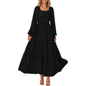 PRETTYGARDEN Fall Wedding Guest Dresses for Women 2025 Long Sleeve Square Neck Tiered A Line Modest Elegant Flowy Dresses(Black)