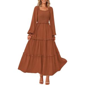 PRETTYGARDEN Fall Wedding Guest Dresses for Women 2025 Long Sleeve Square Neck Tiered A Line Modest Elegant Flowy Dresses(Brown)