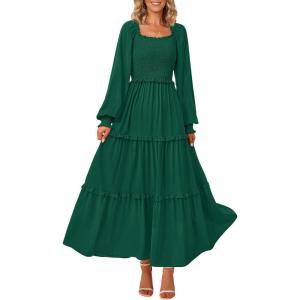 PRETTYGARDEN Fall Wedding Guest Dresses for Women 2025 Long Sleeve Square Neck Tiered A Line Modest Elegant Flowy Dresses(Dark Green)