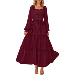 PRETTYGARDEN Fall Wedding Guest Dresses for Women 2025 Long Sleeve Square Neck Tiered A Line Modest Elegant Flowy Dresses(Dark Wine Red)