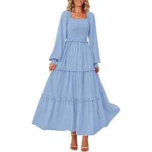 PRETTYGARDEN Fall Wedding Guest Dresses for Women 2025 Long Sleeve Square Neck Tiered A Line Modest Elegant Flowy Dresses(Light Blue)