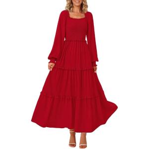 PRETTYGARDEN Fall Wedding Guest Dresses for Women 2025 Long Sleeve Square Neck Tiered A Line Modest Elegant Flowy Dresses(Red)