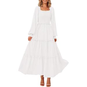 PRETTYGARDEN Fall Wedding Guest Dresses for Women 2025 Long Sleeve Square Neck Tiered A Line Modest Elegant Flowy Dresses(White)