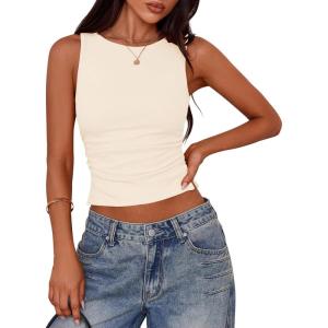 PRETTYGARDEN Women Going Out Tops Summer 2025 Trendy Split Hem Ruched Sleeveless Shirt Cute Y2K Fashion Tank Top(Apricot,Medium)