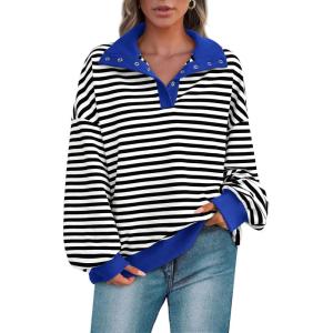 PRETTYGARDEN Women’s Oversized Striped Sweatshirts Spring Fall Trendy Casual Long Sleeve Button Up Tops Shirt Preppy Clothes(Striped Black White)