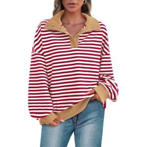 PRETTYGARDEN Women’s Oversized Striped Sweatshirts Spring Fall Trendy Casual Long Sleeve Button Up Tops Shirt Preppy Clothes(Striped Red White)