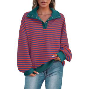 PRETTYGARDEN Women’s Oversized Striped Sweatshirts Spring Fall Trendy Casual Long Sleeve Button Up Tops Shirt Preppy Clothes(Striped Rust Red Blue)