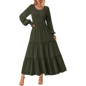 PRETTYGARDEN Women’s Smocked Maxi Dress 2025 Fall Casual Long Sleeve Swiss Dot Ruffle Long Flowy Wedding Guest Dresses(Army Green)