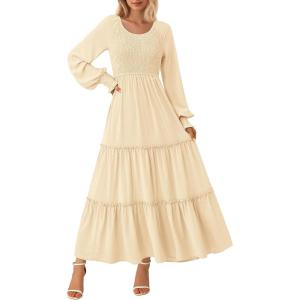 PRETTYGARDEN Women’s Smocked Maxi Dress 2025 Fall Casual Long Sleeve Swiss Dot Ruffle Long Flowy Wedding Guest Dresses(Beige)