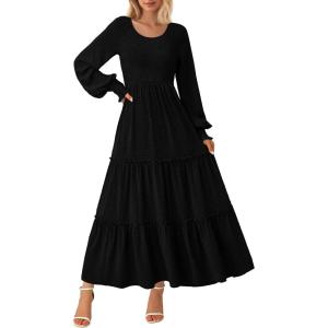 PRETTYGARDEN Women’s Smocked Maxi Dress 2025 Fall Casual Long Sleeve Swiss Dot Ruffle Long Flowy Wedding Guest Dresses(Black)