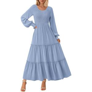 PRETTYGARDEN Women’s Smocked Maxi Dress 2025 Fall Casual Long Sleeve Swiss Dot Ruffle Long Flowy Wedding Guest Dresses(Grey Blue)