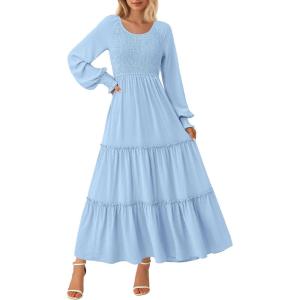 PRETTYGARDEN Women’s Smocked Maxi Dress 2025 Fall Casual Long Sleeve Swiss Dot Ruffle Long Flowy Wedding Guest Dresses(Light Blue)