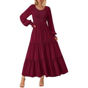 PRETTYGARDEN Women’s Smocked Maxi Dress 2025 Fall Casual Long Sleeve Swiss Dot Ruffle Long Flowy Wedding Guest Dresses(Wine Red)