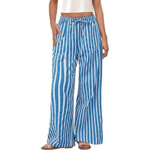 PRETTYGARDEN Women’s Wide Leg Lounge Pants Spring Summer Drawstring Elastic Waist Comfy Striped Pajama Bottoms Trendy Clothes(Striped Grey Blue)