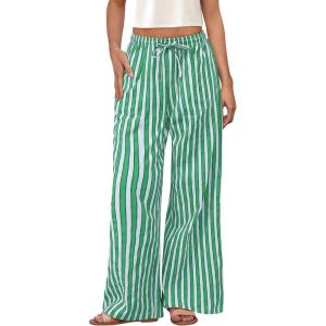 PRETTYGARDEN Women’s Wide Leg Lounge Pants Spring Summer Drawstring Elastic Waist Comfy Striped Pajama Bottoms Trendy Clothes(Striped Grey Blue Green)
