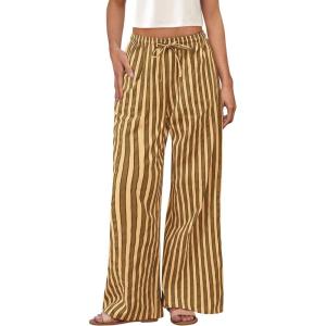 PRETTYGARDEN Women’s Wide Leg Lounge Pants Spring Summer Drawstring Elastic Waist Comfy Striped Pajama Bottoms Trendy Clothes(Striped Khaki Army Green)
