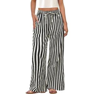 PRETTYGARDEN Women’s Wide Leg Lounge Pants Spring Summer Drawstring Elastic Waist Comfy Striped Pajama Bottoms Trendy Clothes(Striped White Black)