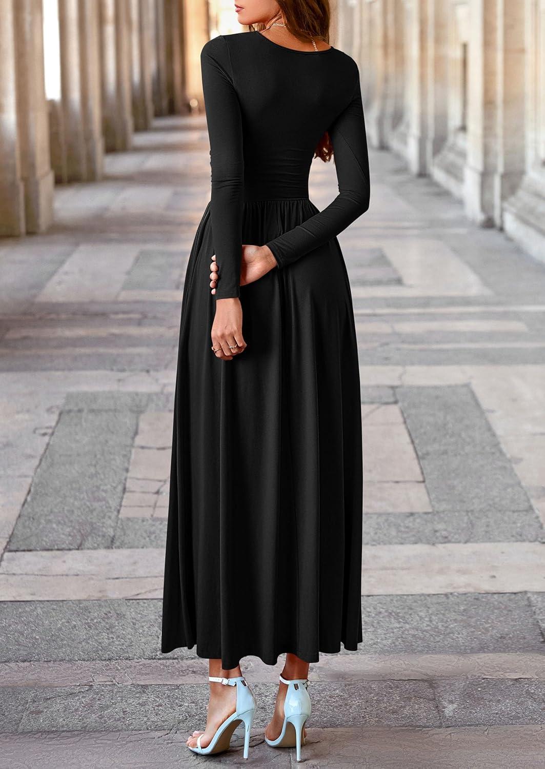 imagePRETTYGARDEN Womens 2025 Fashion Trendy Fall Long Sleeve Dresses Ruched Flowy Elegant Modest Boho Casual Beach Maxi DressBlack