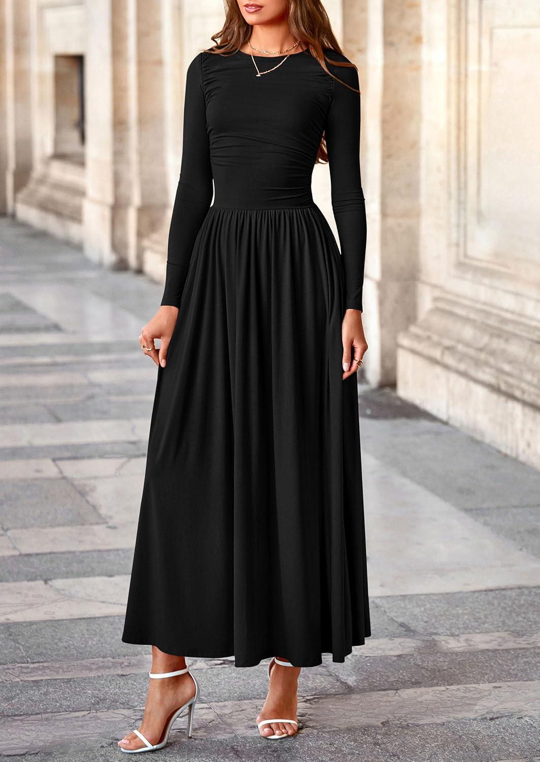 imagePRETTYGARDEN Womens 2025 Fashion Trendy Fall Long Sleeve Dresses Ruched Flowy Elegant Modest Boho Casual Beach Maxi DressBlack