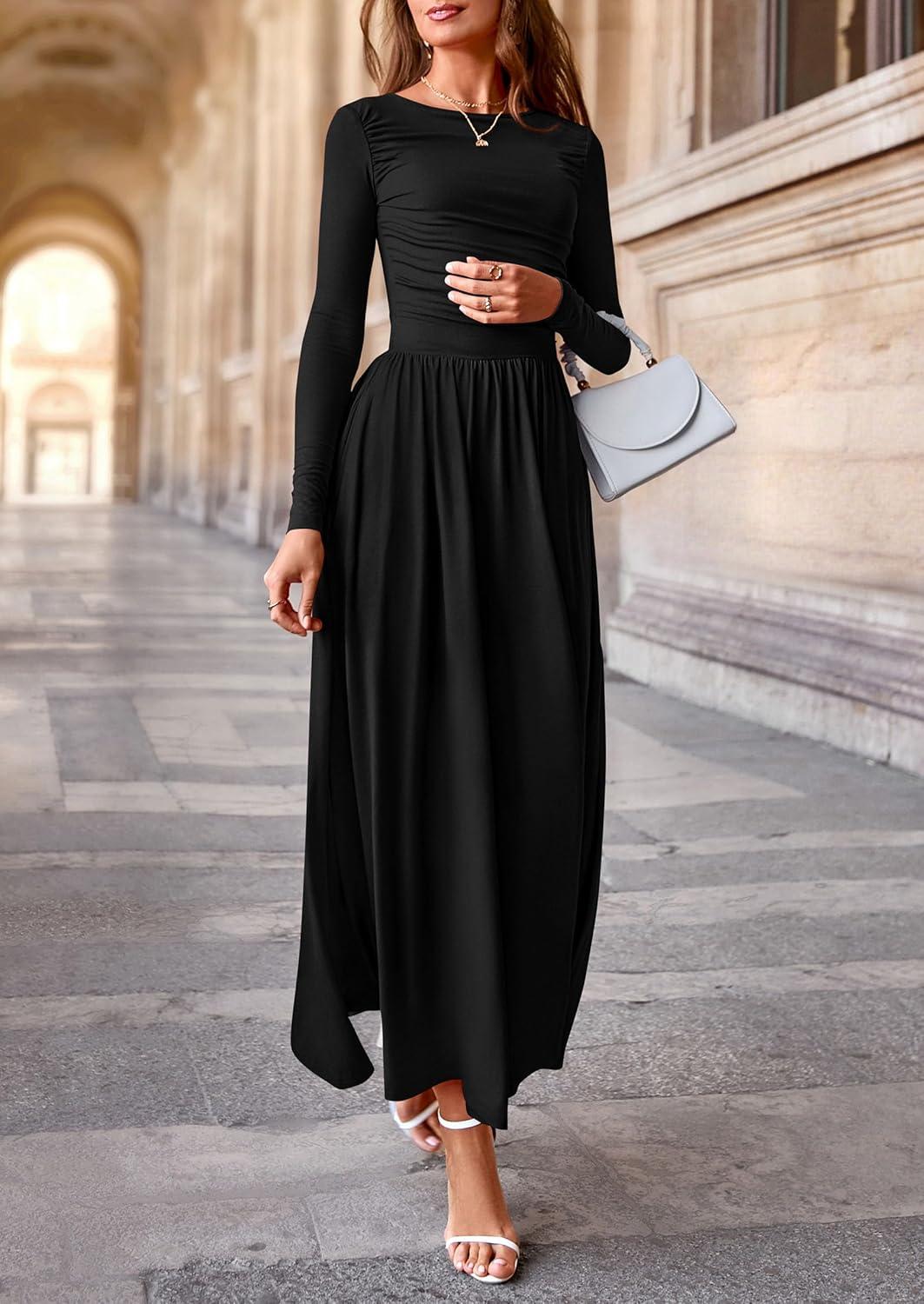 imagePRETTYGARDEN Womens 2025 Fashion Trendy Fall Long Sleeve Dresses Ruched Flowy Elegant Modest Boho Casual Beach Maxi DressBlack
