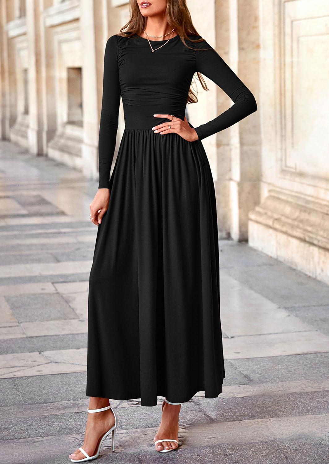 imagePRETTYGARDEN Womens 2025 Fashion Trendy Fall Long Sleeve Dresses Ruched Flowy Elegant Modest Boho Casual Beach Maxi DressBlack
