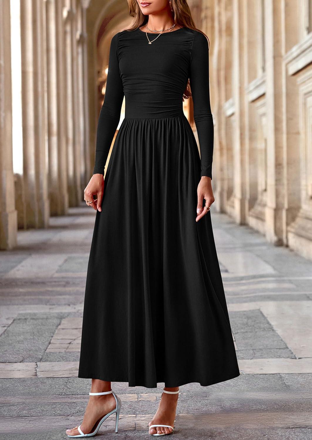 imagePRETTYGARDEN Womens 2025 Fashion Trendy Fall Long Sleeve Dresses Ruched Flowy Elegant Modest Boho Casual Beach Maxi DressBlack