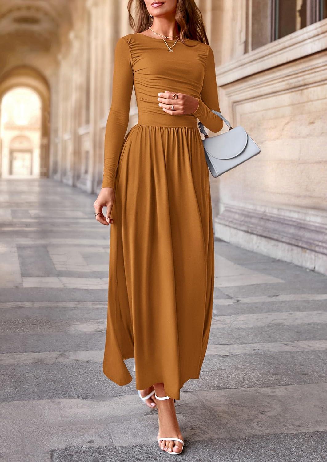 imagePRETTYGARDEN Womens 2025 Fashion Trendy Fall Long Sleeve Dresses Ruched Flowy Elegant Modest Boho Casual Beach Maxi DressBrown Yellow
