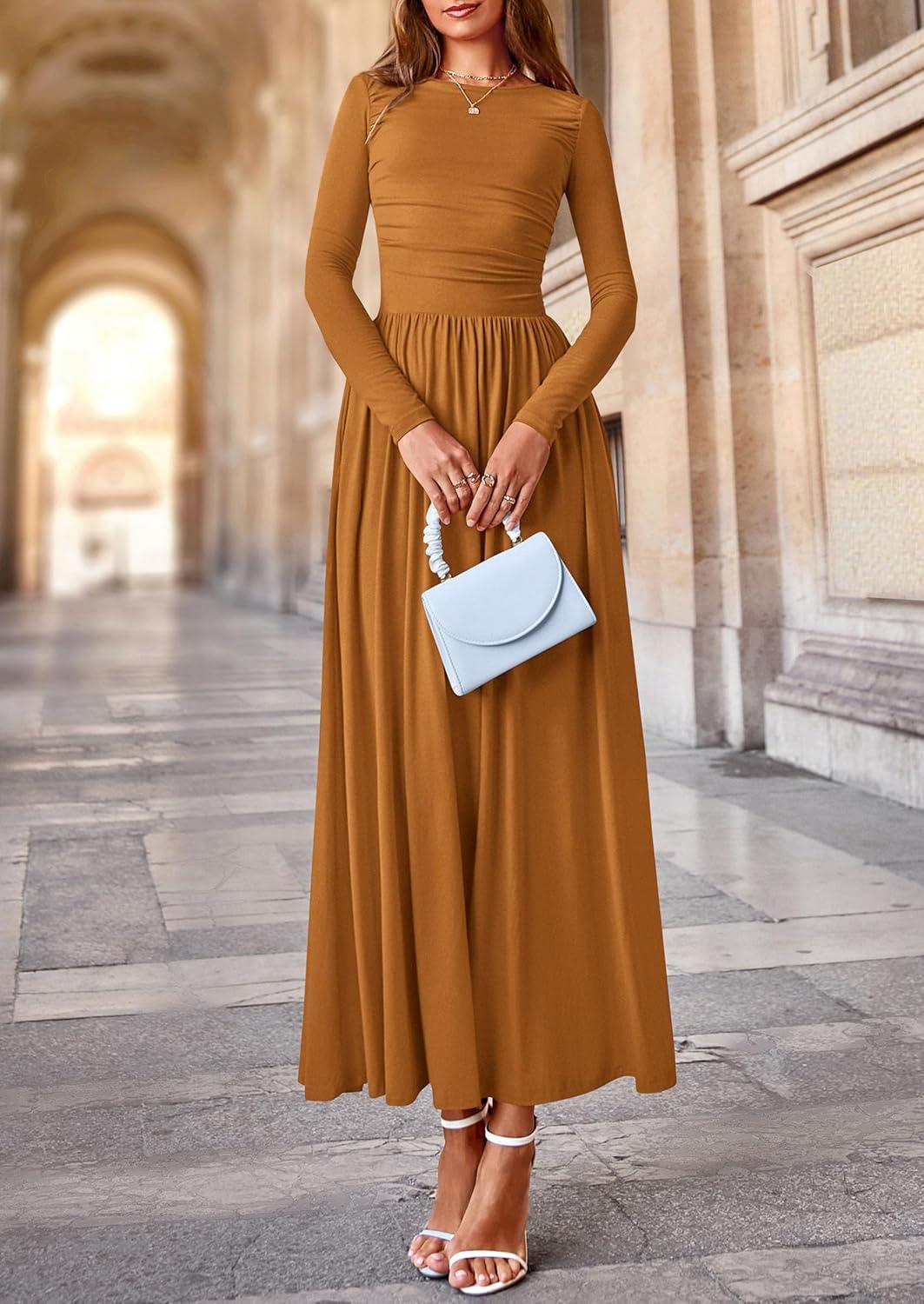 imagePRETTYGARDEN Womens 2025 Fashion Trendy Fall Long Sleeve Dresses Ruched Flowy Elegant Modest Boho Casual Beach Maxi DressBrown Yellow