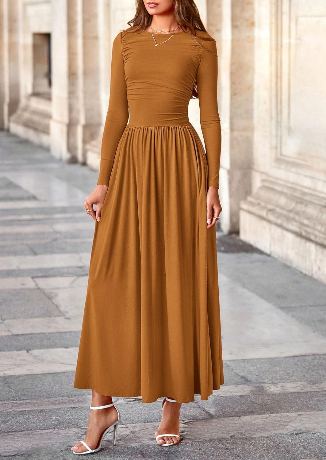 imagePRETTYGARDEN Womens 2025 Fashion Trendy Fall Long Sleeve Dresses Ruched Flowy Elegant Modest Boho Casual Beach Maxi DressBrown Yellow