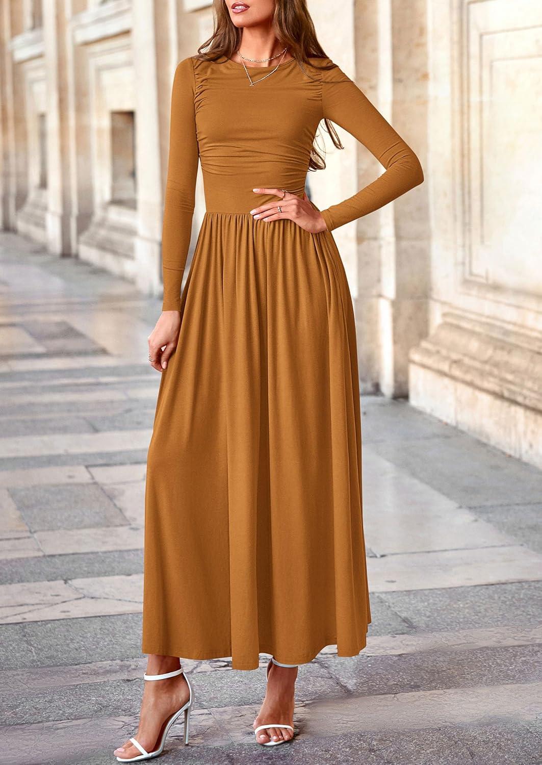 imagePRETTYGARDEN Womens 2025 Fashion Trendy Fall Long Sleeve Dresses Ruched Flowy Elegant Modest Boho Casual Beach Maxi DressBrown Yellow