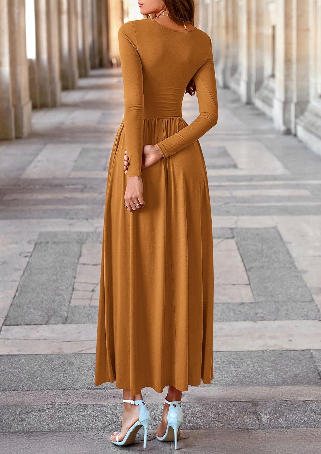 imagePRETTYGARDEN Womens 2025 Fashion Trendy Fall Long Sleeve Dresses Ruched Flowy Elegant Modest Boho Casual Beach Maxi DressBrown Yellow