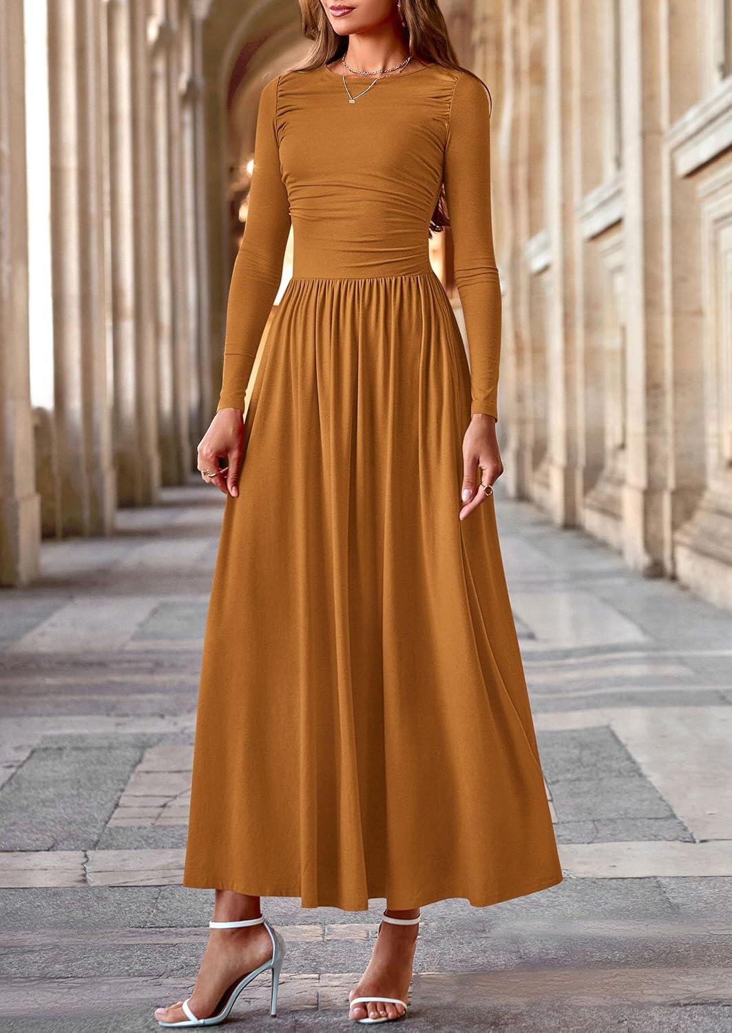 imagePRETTYGARDEN Womens 2025 Fashion Trendy Fall Long Sleeve Dresses Ruched Flowy Elegant Modest Boho Casual Beach Maxi DressBrown Yellow