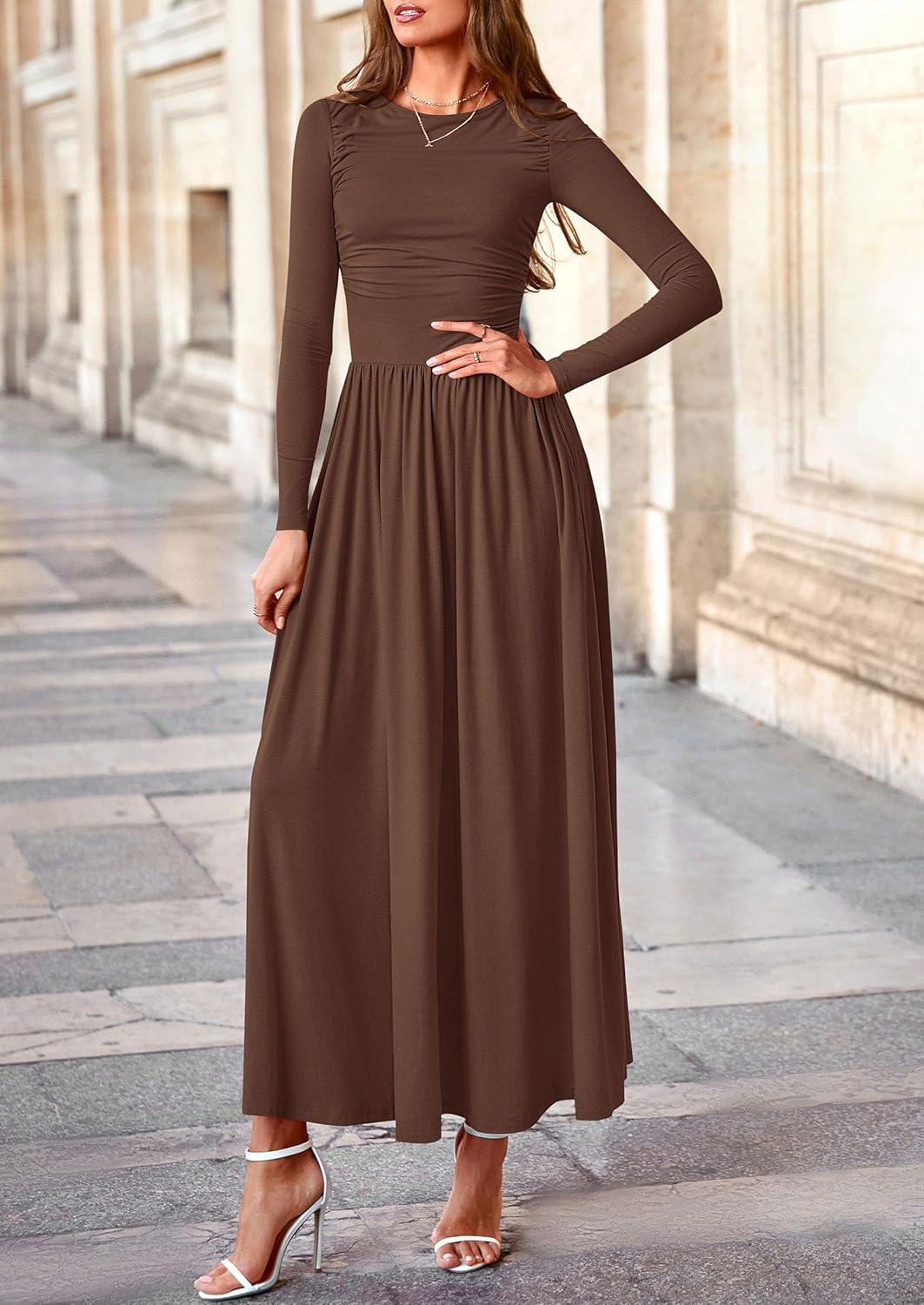 imagePRETTYGARDEN Womens 2025 Fashion Trendy Fall Long Sleeve Dresses Ruched Flowy Elegant Modest Boho Casual Beach Maxi DressCoffee
