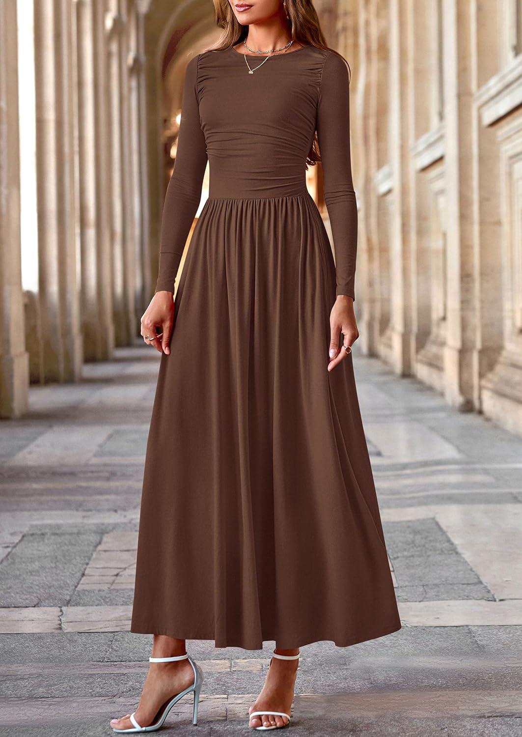 imagePRETTYGARDEN Womens 2025 Fashion Trendy Fall Long Sleeve Dresses Ruched Flowy Elegant Modest Boho Casual Beach Maxi DressCoffee