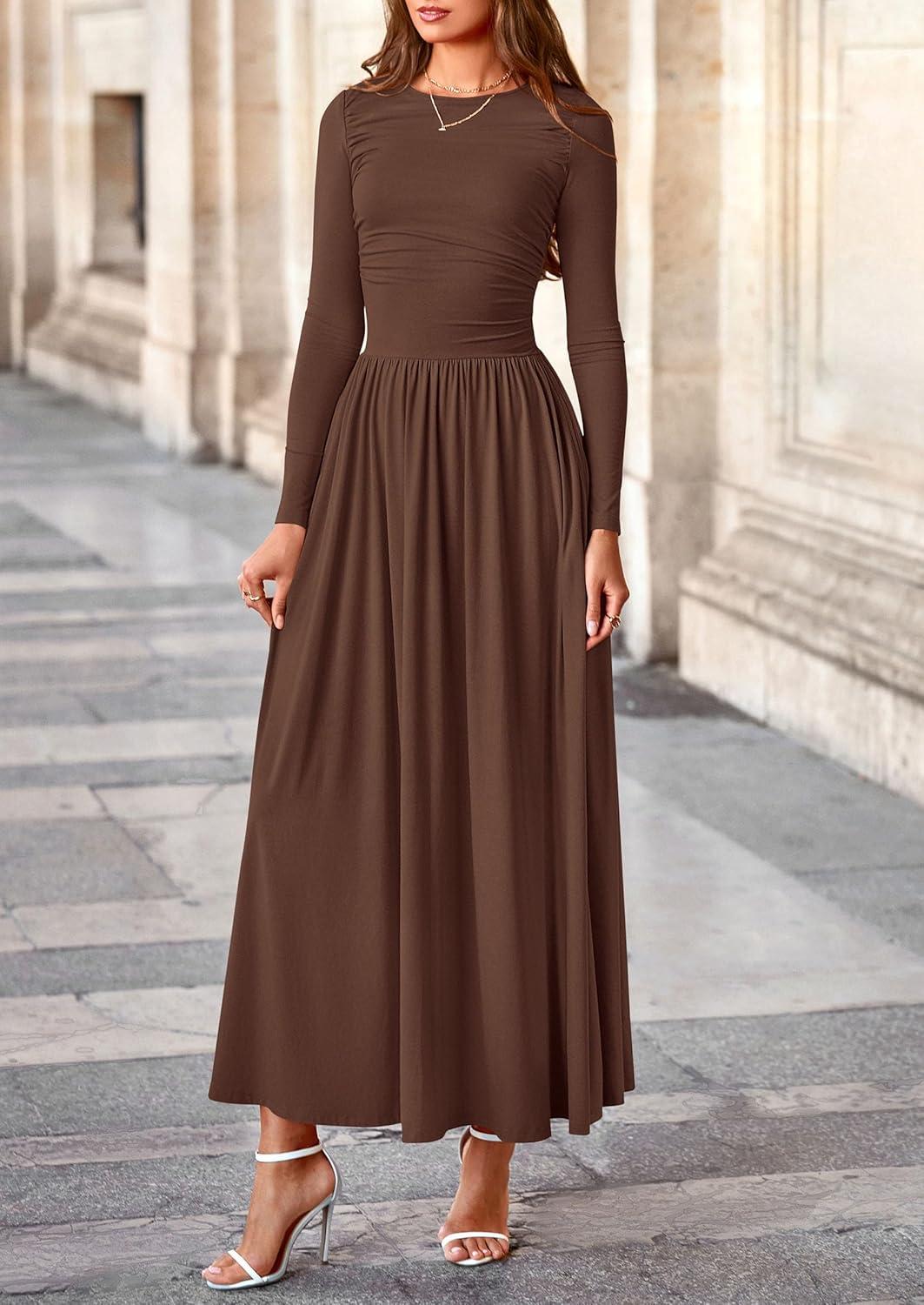 imagePRETTYGARDEN Womens 2025 Fashion Trendy Fall Long Sleeve Dresses Ruched Flowy Elegant Modest Boho Casual Beach Maxi DressCoffee