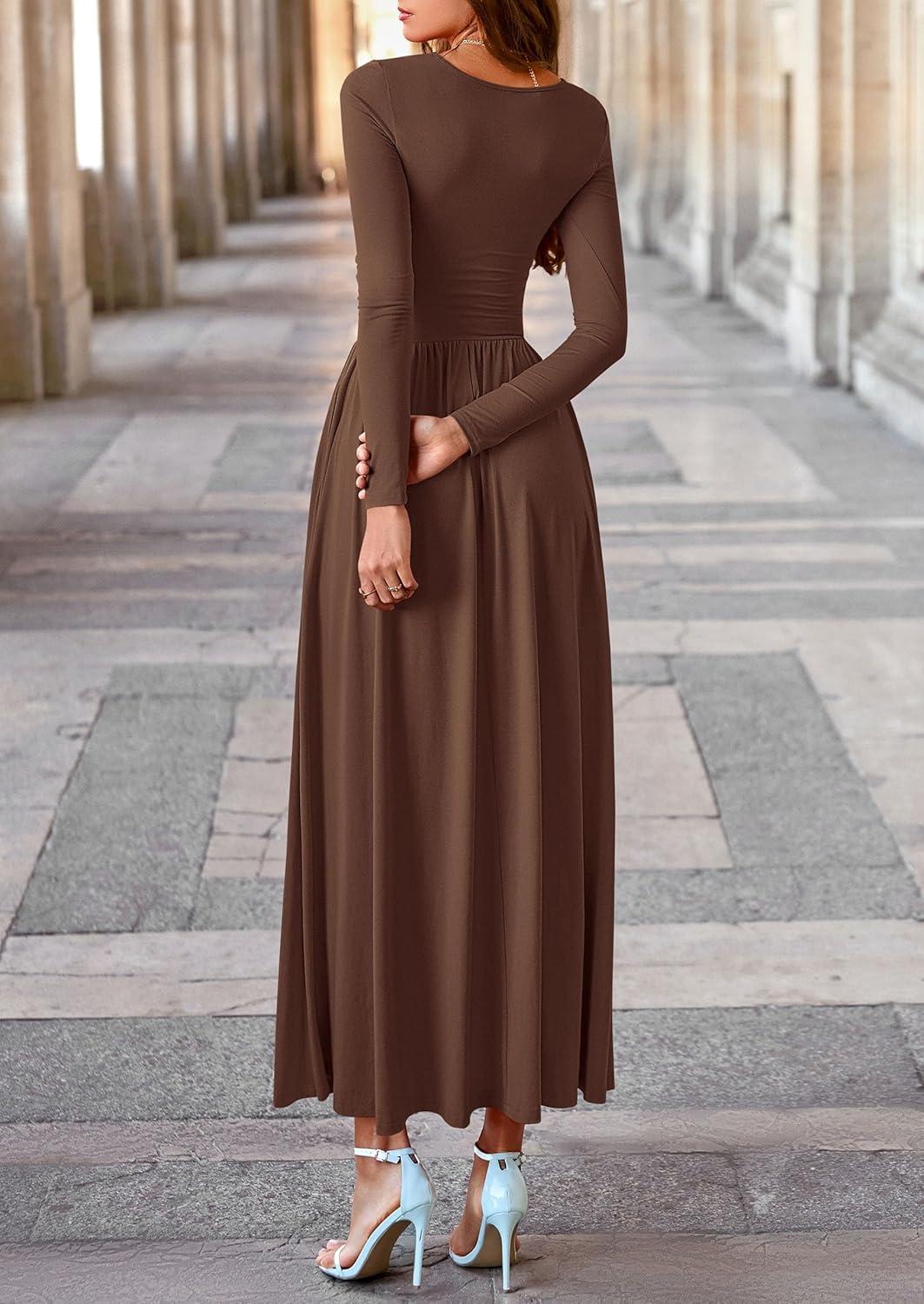 imagePRETTYGARDEN Womens 2025 Fashion Trendy Fall Long Sleeve Dresses Ruched Flowy Elegant Modest Boho Casual Beach Maxi DressCoffee