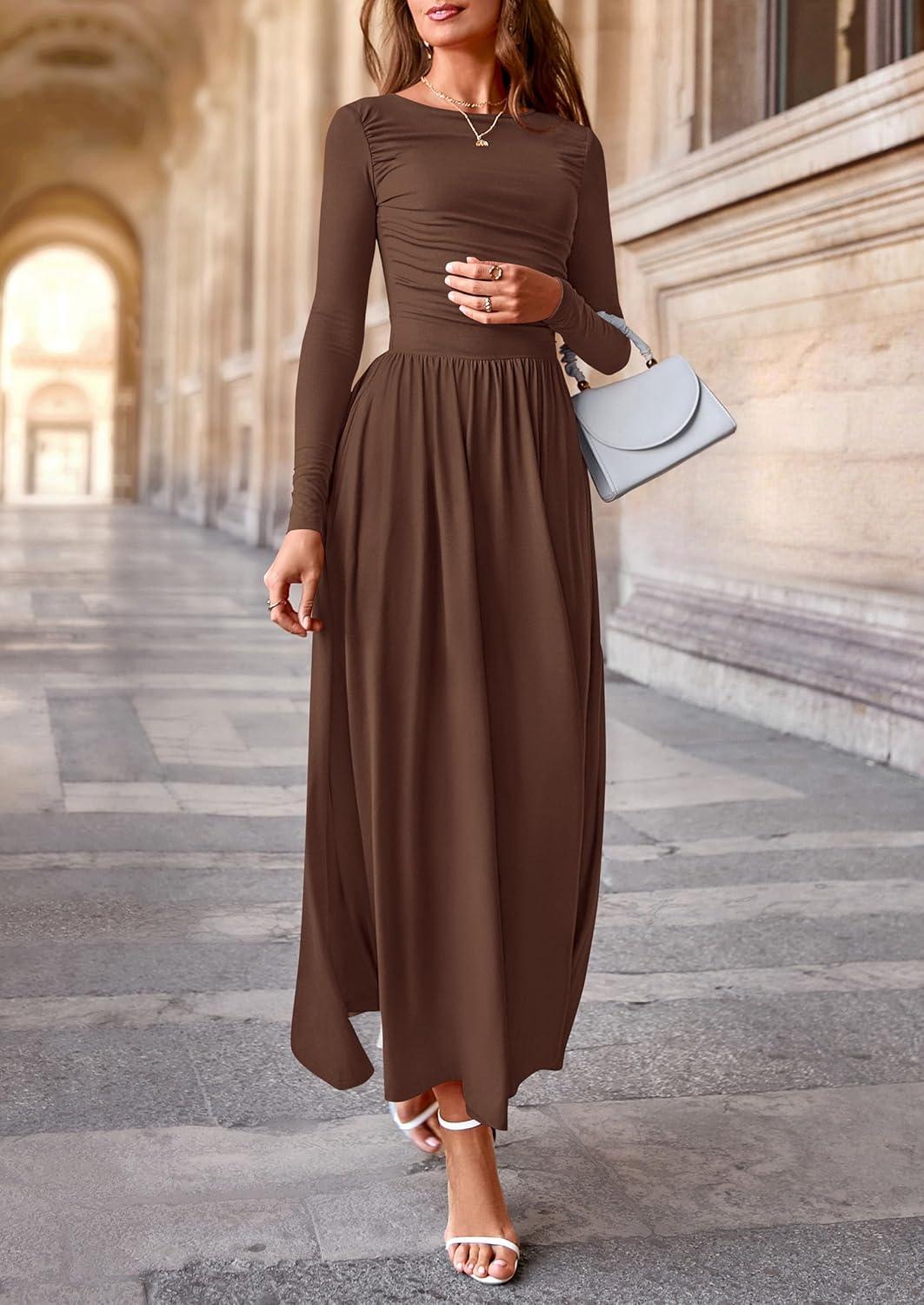 imagePRETTYGARDEN Womens 2025 Fashion Trendy Fall Long Sleeve Dresses Ruched Flowy Elegant Modest Boho Casual Beach Maxi DressCoffee