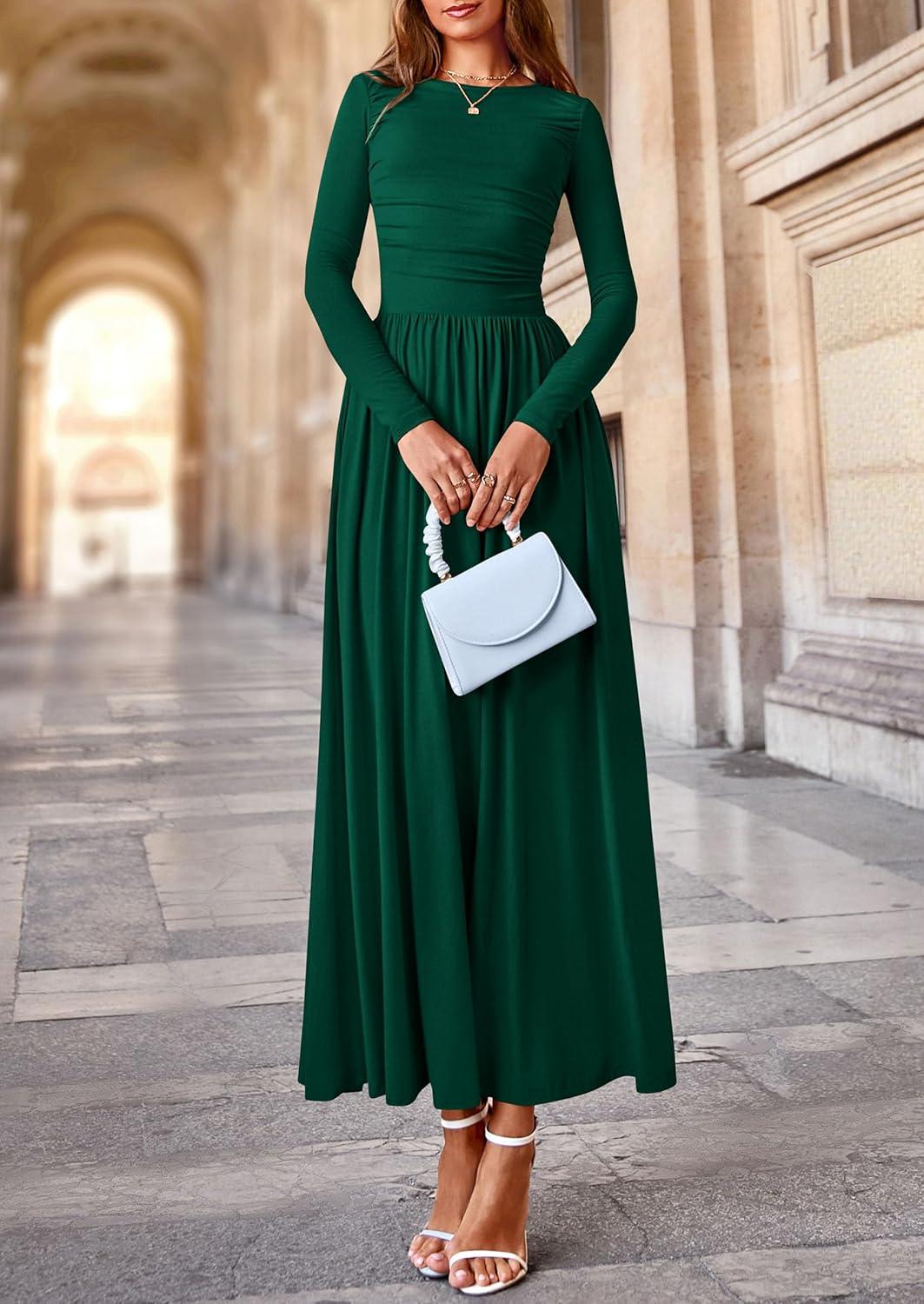 imagePRETTYGARDEN Womens 2025 Fashion Trendy Fall Long Sleeve Dresses Ruched Flowy Elegant Modest Boho Casual Beach Maxi DressDark Green