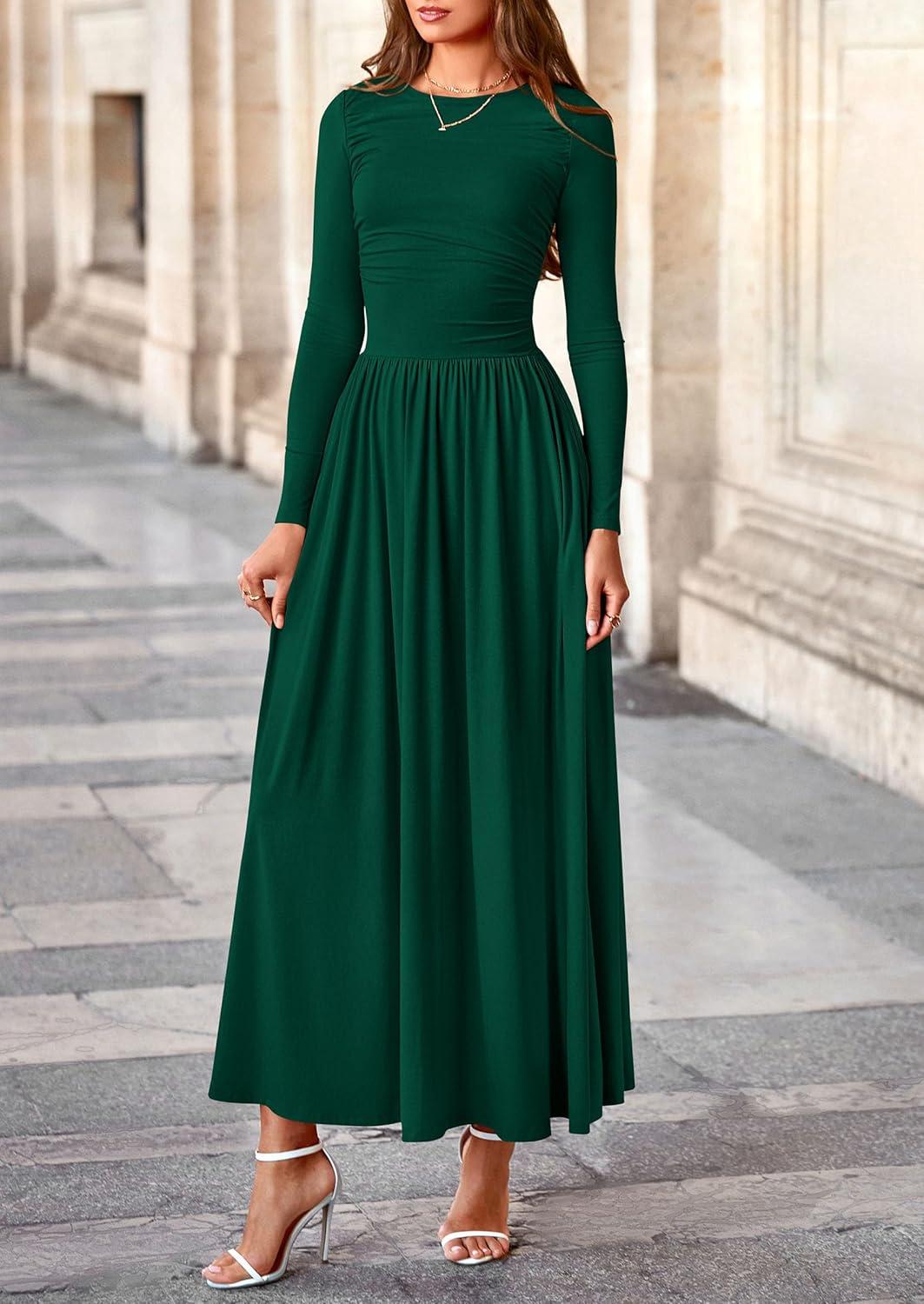 imagePRETTYGARDEN Womens 2025 Fashion Trendy Fall Long Sleeve Dresses Ruched Flowy Elegant Modest Boho Casual Beach Maxi DressDark Green
