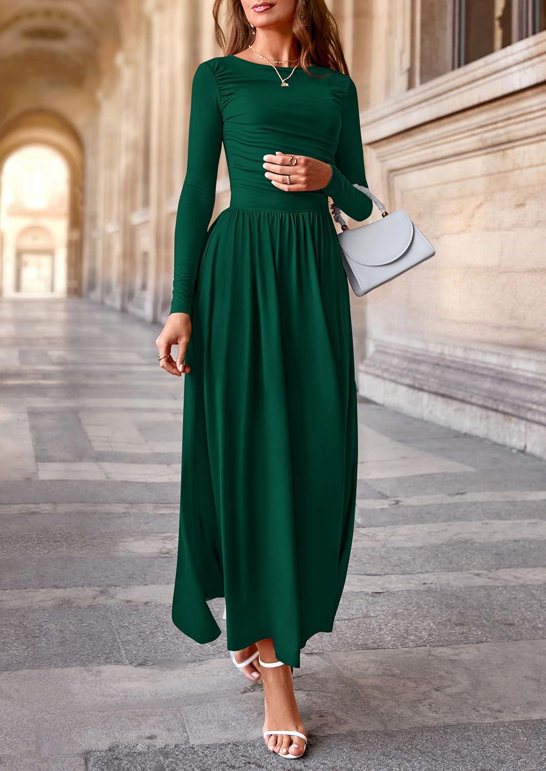 imagePRETTYGARDEN Womens 2025 Fashion Trendy Fall Long Sleeve Dresses Ruched Flowy Elegant Modest Boho Casual Beach Maxi DressDark Green