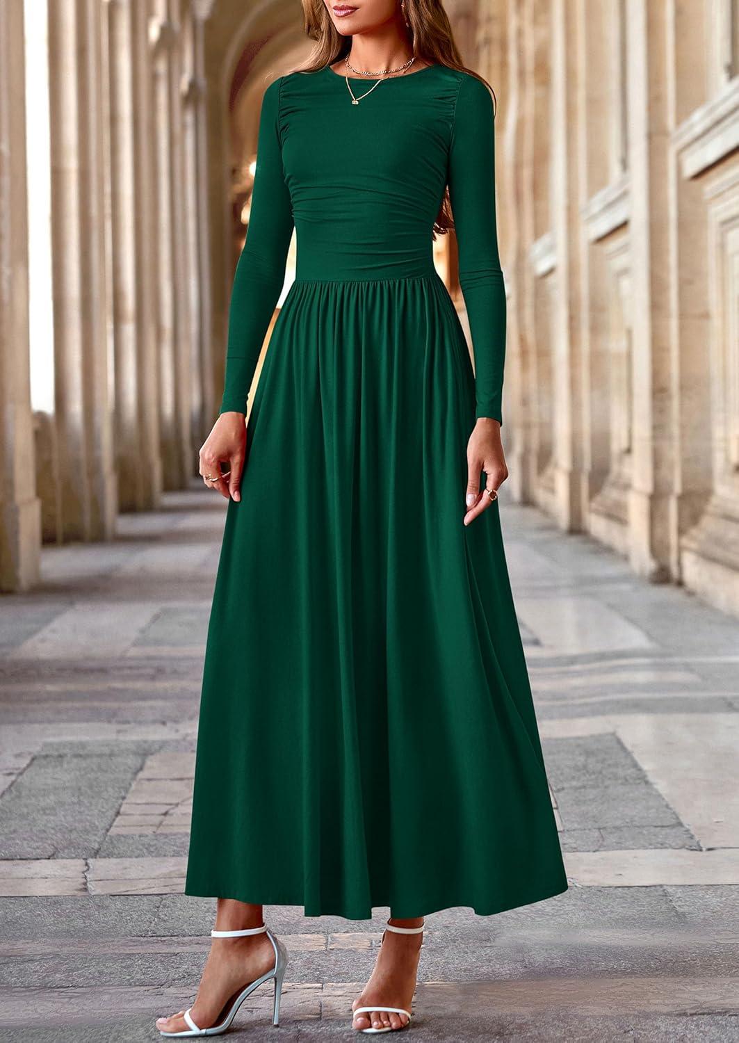 imagePRETTYGARDEN Womens 2025 Fashion Trendy Fall Long Sleeve Dresses Ruched Flowy Elegant Modest Boho Casual Beach Maxi DressDark Green