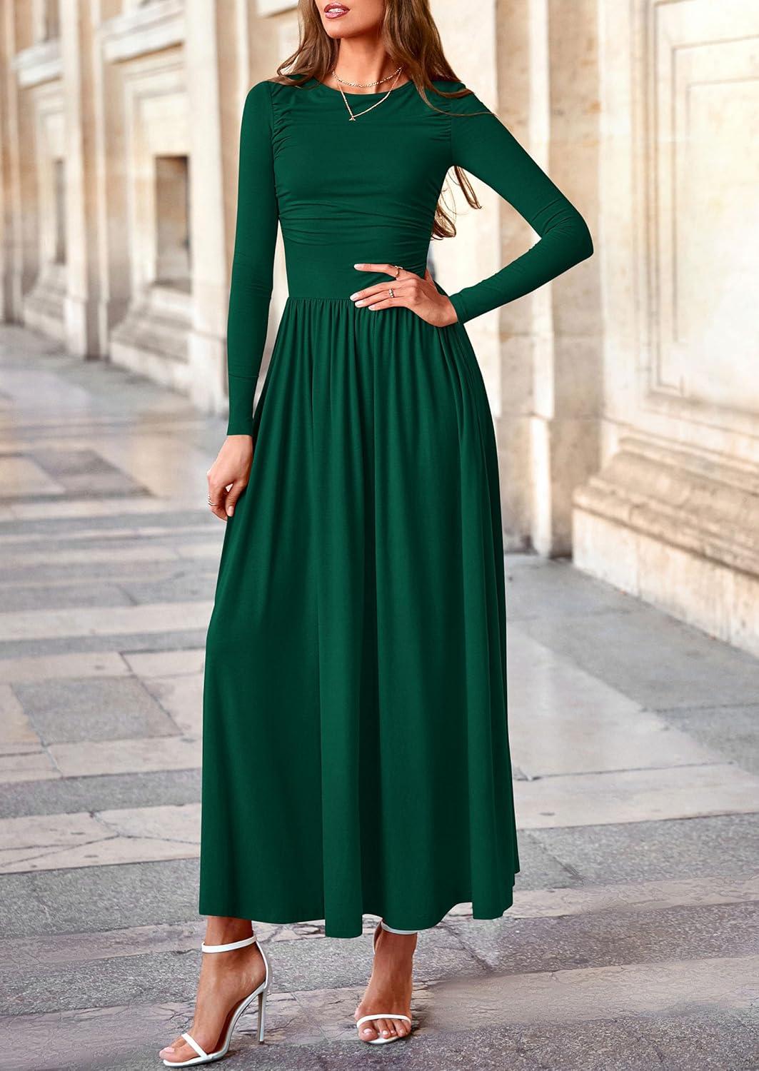 imagePRETTYGARDEN Womens 2025 Fashion Trendy Fall Long Sleeve Dresses Ruched Flowy Elegant Modest Boho Casual Beach Maxi DressDark Green