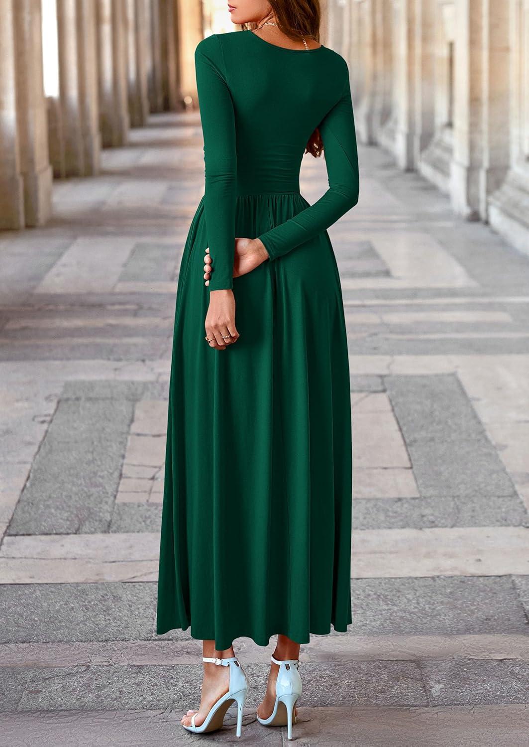 imagePRETTYGARDEN Womens 2025 Fashion Trendy Fall Long Sleeve Dresses Ruched Flowy Elegant Modest Boho Casual Beach Maxi DressDark Green